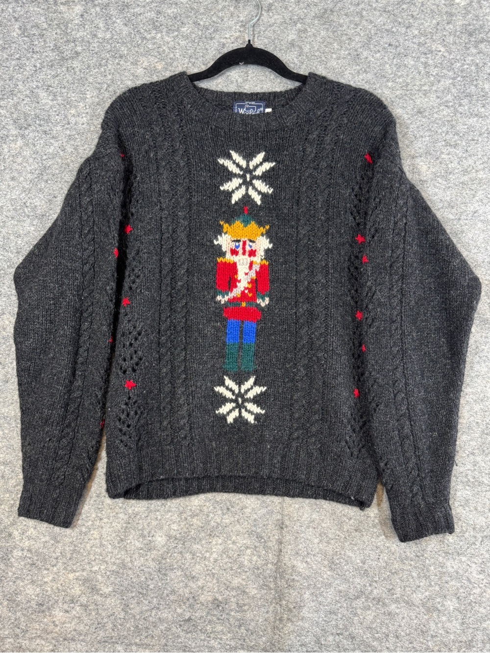 Woolrich Nutcracker Wool Sweater Grey Large Christmas Holiday Cable Knit Cozy